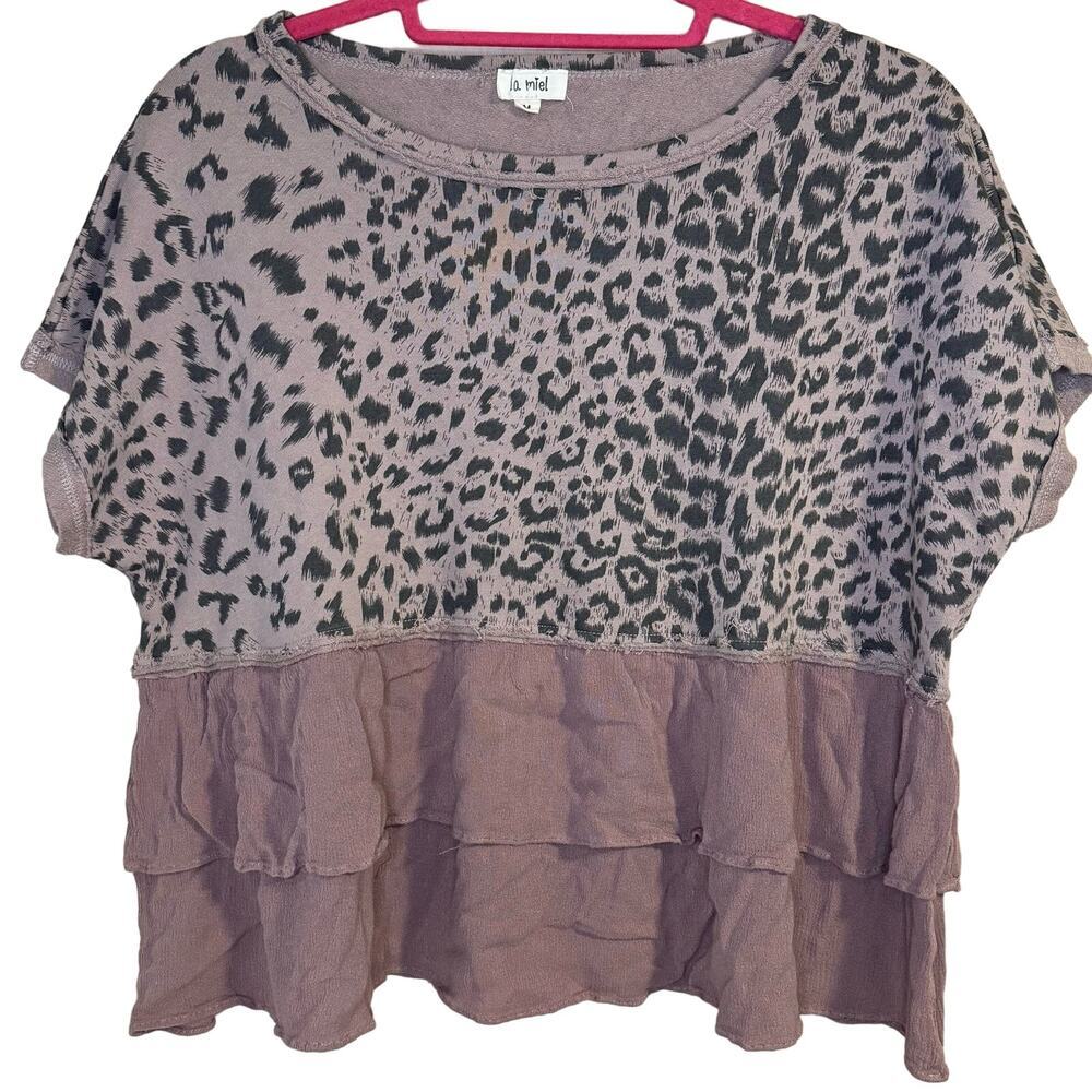 La Miel Dusty Pink Leopard Print Short Sleeve Top- Size M